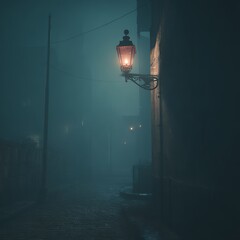 Vintage street lamp illuminating a mysterious, foggy night alley. Eerie urban atmosphere with warm light piercing dense mist on wet ground.