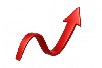 Red wavy arrow rising against transparent backdrop, representing upward momentum, financial growth, and positive business trajectory