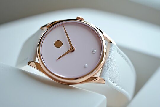 3A circular-faced ladies’ watch with soft lavender dial, rose gold case, and slim pearl-white leather strap, minimal elegance on white