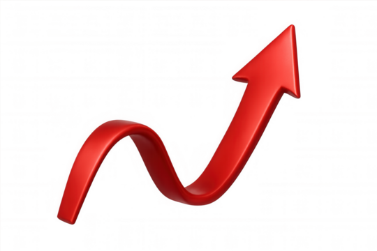 Red wavy arrow rising against transparent backdrop, representing upward momentum, financial growth, and positive business trajectory