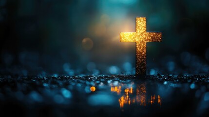 Silhouette of Christian Cross with Bokeh Lights for Inspirational Use in Church Bulletins and Greeting Cards