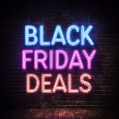 Black Friday Deals Neon Sign. Vibrant glowing text on a dark brick wall, perfect for holiday shopping and sales promotions.