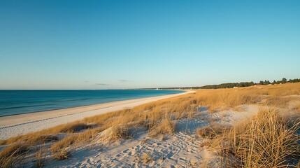 A Golden Sand Beach With Dry Dunes Meets The Blue Ocean Under A Clear Sky, Capturing A Serene Coastal Landscape Perfect For Travel And Nature Themes.