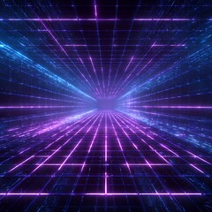 Futuristic neon grid tunnel background. Abstract glowing blue and purple lines in digital cyberspace with light trails.