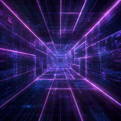 Abstract Sci-Fi Grid Tunnel with Neon Purple and Blue Lines