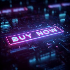 Glowing Neon "Buy Now" Button on Futuristic Digital Circuit Board - E-commerce and Technology Concept
