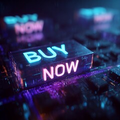 Digital 'BUY NOW' button glowing on a circuit board, symbolizing instant online purchases, e-commerce, and modern technology.