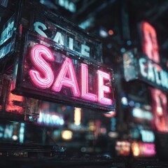 Vibrant Pink Neon SALE Sign Illuminating a Dark Urban Night Street