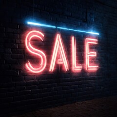 Red Neon 'SALE' Sign on Dark Brick Wall with Blue Light Accents, Marketing & Promotion Concept