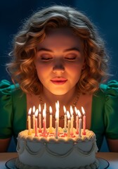 Celebration of a special birthday with a young woman making a wish while blowing candles atop a beautifully decorated cake