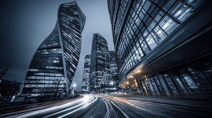 Fototapeta premium Modern Cityscape at Night with Dynamic Light Trails and Contemporary Architecture