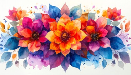 Vibrant watercolor flower petal burst showcases bright colors, artistic blending, and dynamic energy, ideal for creative projects, decor, or backgrounds.