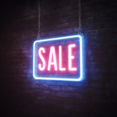 Vibrant Neon SALE Sign Glowing on Dark Brick Wall. Pink and Blue Light for Retail Promotions.