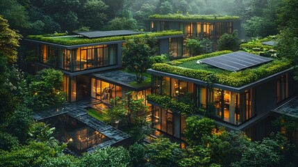 Obraz premium A serene modern architectural complex with green roofs and solar panels nestled within a lush misty forest