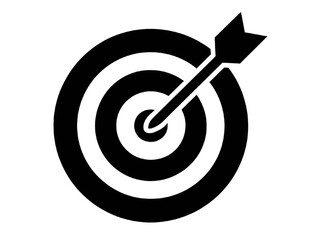 Illustration of a black target with an arrow hitting the bullseye center on transparent background silhouette