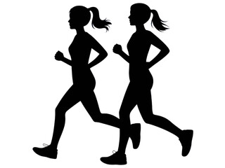 Silhouette of two women jogging side by side on a white background on transparent background