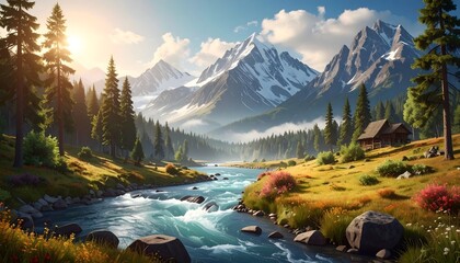 Mountain Landscape with River and Cabin