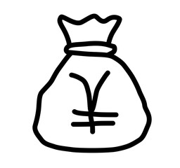 手描きの落書き 円記号付きのお金袋アイコン、富や貯蓄、有利な投資や投資の象徴、ベクターSVG