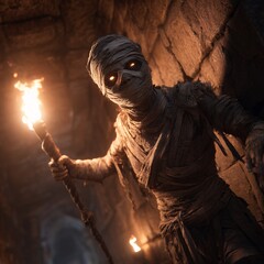 Eerie mummy with glowing eyes holding a flaming torch in a dark ancient crypt