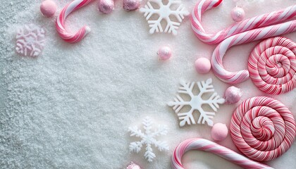top view of pale blue and white candy canes and white glitter snowflake decorations on snow background with copy space. Generated image
