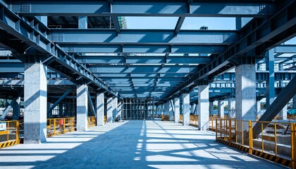 Fototapeta premium Steel Structure Construction: A Modern Building Under Construction with Blue Steel Beams and Concrete Pillars