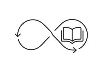 Hand-drawn style infinity symbol with a book inside on transparent background.