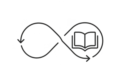 Hand-drawn style infinity symbol with a book inside on transparent background.
