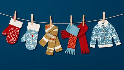 Winter accessories hang on a clothesline against a solid blue background, showcasing vibrant mittens, gloves, scarves, and a cozy sweater featuring festive patterns and colors
