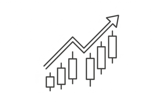 Hand-drawn candlestick chart isolated on transparent backdrop showing growth trend