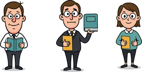 Cartoon characters holding books in professional attire, teacher or student theme, expressive poses, educational concept, vector illustration set