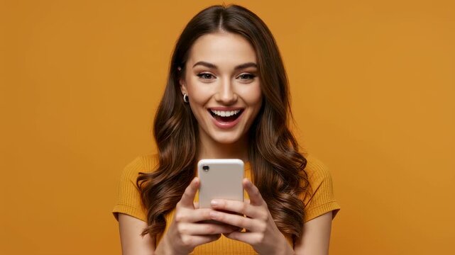 Happy caucasian woman using smartphone in three frames, browsing and scrolling social media using app, footage