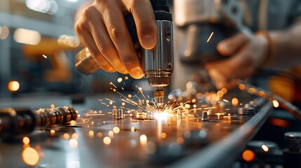 Close-Up of Worker Using Power Tool Sparks Flying in Workshop Setting