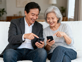 An elderly couple is enjoying using smartphones while sitting on a sofa, showing a modern and happy lifestyle.