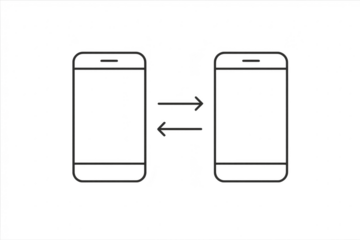 Two smartphone icons with arrow, data transfer concept on transparent background