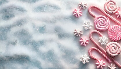 top view of pale blue and white candy canes and white glitter snowflake decorations on snow  background with copy space. Generated image