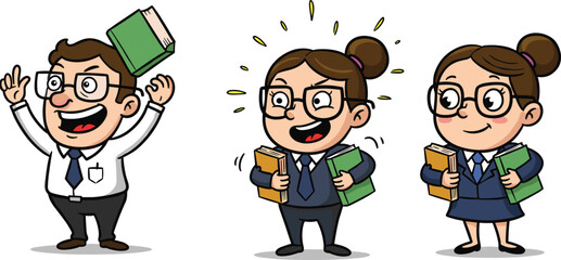 Cartoon characters holding books in school attire, joyful expressions, educational theme, student and teacher concept, vector illustration set