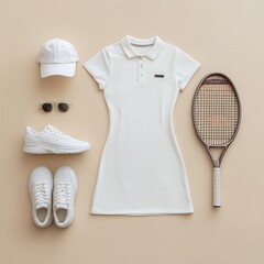 Elegant White Tennis Outfit Flat Lay: Polo Dress, Sneakers, Cap, Sunglasses, and Racket for Women's Sportswear