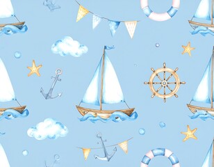 Watercolor nautical pattern with sailboat, flags, anchors, clouds, and rings © Andri