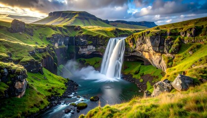 Scenic Waterfall Landscape with Green Hills
