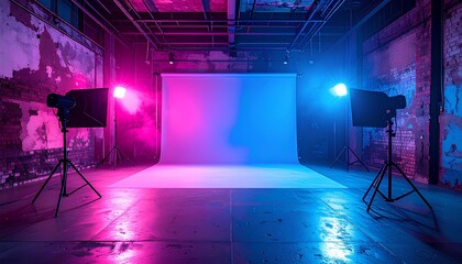 Bright studio lights create vibrant atmosphere with pink and blue hues, perfect for photography sessions, modern professional setup softbox, strobe, tripod spotlight, colourful artistic staging design
