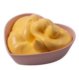 Isolated cheese sauce  in a heart shaped rosette on a white background, side view