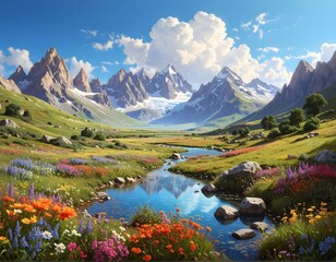 Obraz premium Discover stunning mountain scenery with a vibrant wildflower meadow river