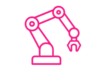 Pink robotic arm icon isolated on transparent background, symbolizing automation.