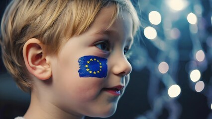 Close up of European child with EU flag face paint on cheek symbolizing unity, celebration and European identity with festive lights in background
