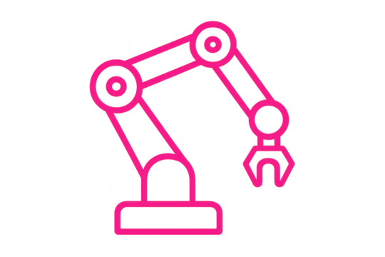 Pink robotic arm icon isolated on transparent background, symbolizing automation.