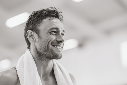 smiling man in gym with towel draped over his shoulders radiates joy after intense workout - Powered by Adobe