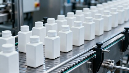 Obraz premium White Plastic Bottles on Conveyor Belt in Manufacturing Plant, Automated Production Line for Packaging