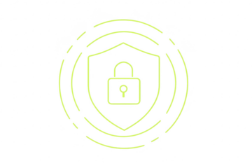 Green security shield with padlock and radiating signals icon isolated on transparent background.
