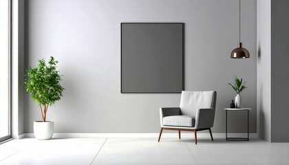 Minimalist Grey Armchair and Blank Canvas in a Bright Room
