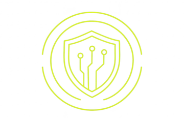 Cybersecurity shield icon, neon yellow lines, transparent background.